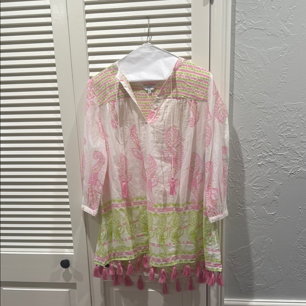Crown and Ivy Pink and Green seahorse tasseled cover up